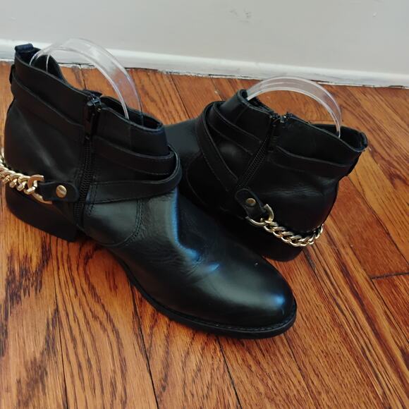 Steve Madden Black Ringo Leather Ankle Boots Size 8M Gold Braid 1in Biker Combat - Picture 12 of 17